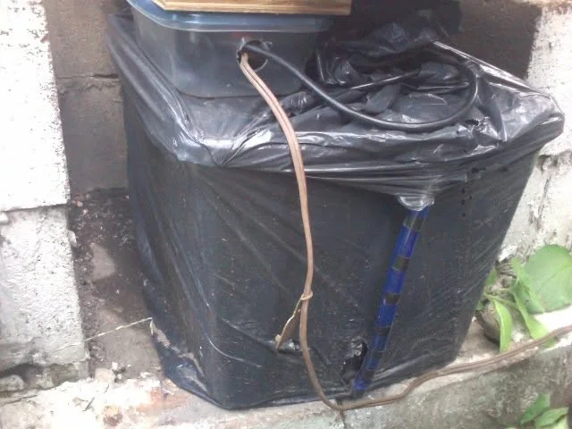 The nutrient reservoir, with a water pump feeding the plants and an air pump adding oxygen to the water.