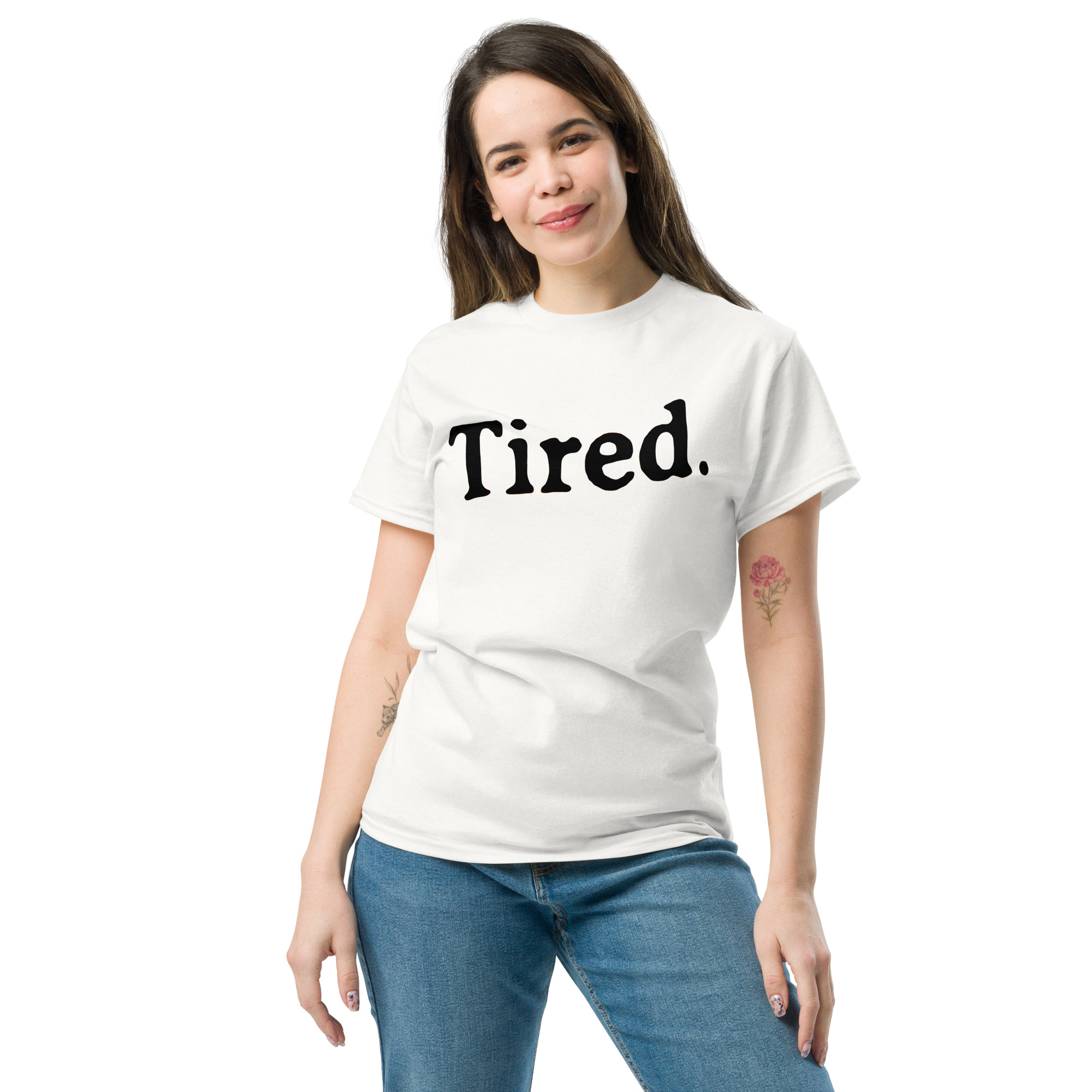 Model wearing Tired. classic tee